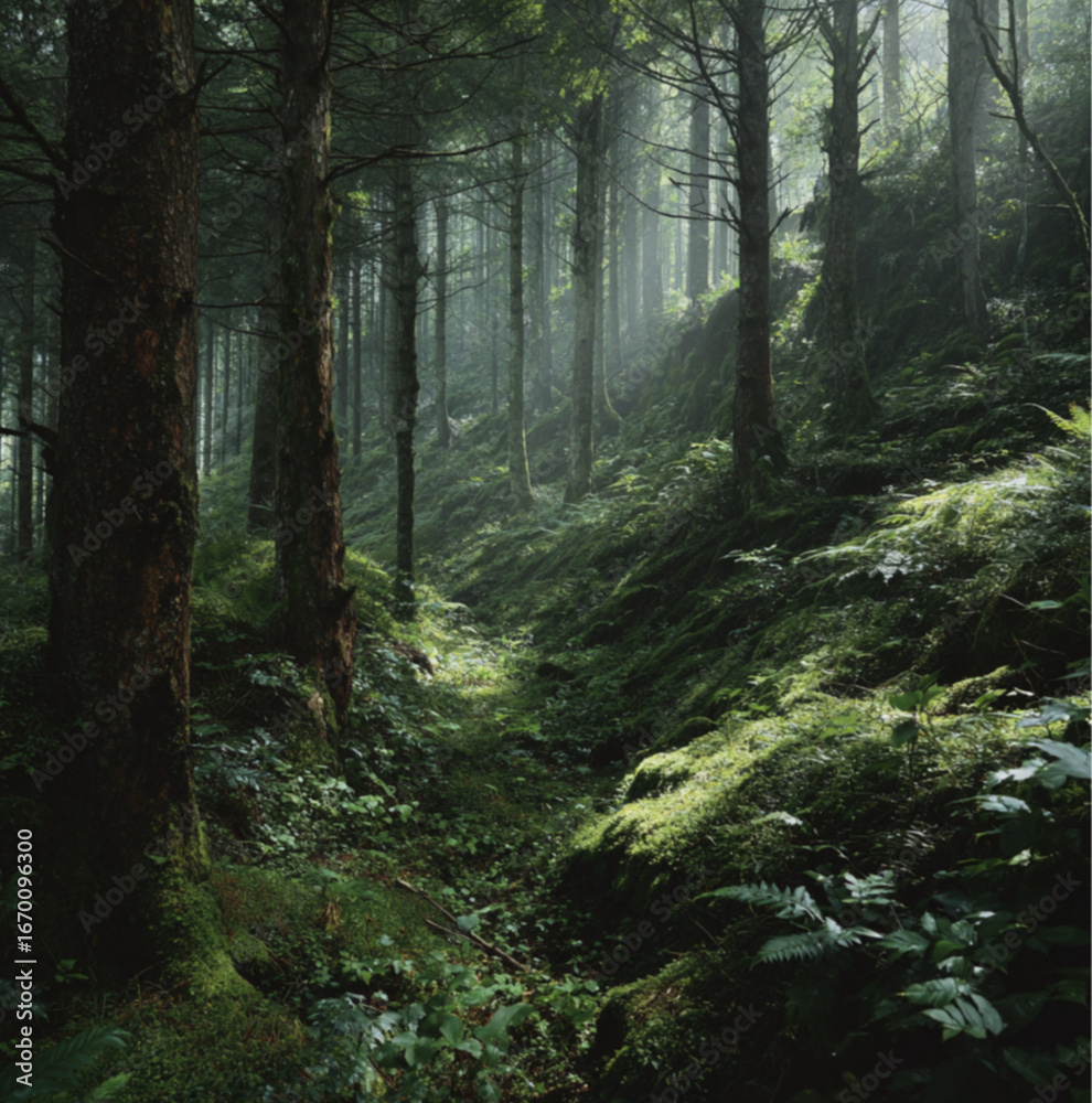 Fototapeta premium A serene and misty forest scene unfolds, showcasing tall trees and a soft, diffused light filtering through the air.