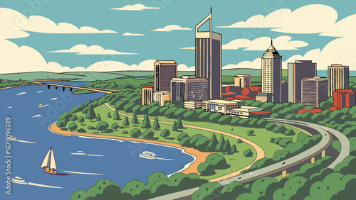 Stylized Cityscape Illustration River Skyline and Parkland View.