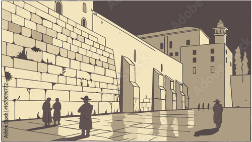Stylized illustration of ancient stone wall with figures.