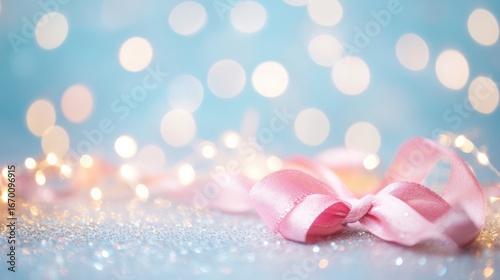 Soft pink ribbon resting on a shimmering surface with glowing fairy lights
