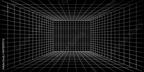 Futuristic perspective grid box. Abstract wireframe with white grid line on black background. Virtual reality landscape in 80s 90s digital style. Vector