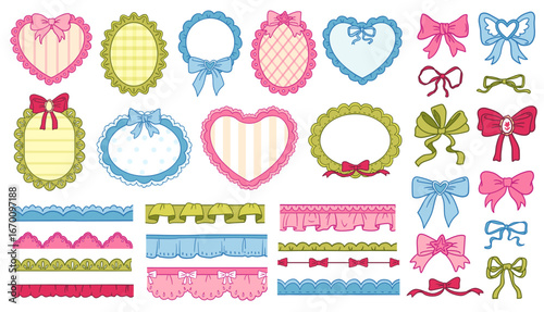 Hand drawn baby shower frames and borders. Vintage scallop trim for wedding or birthday cards decoration, whimsical coquette vector design set