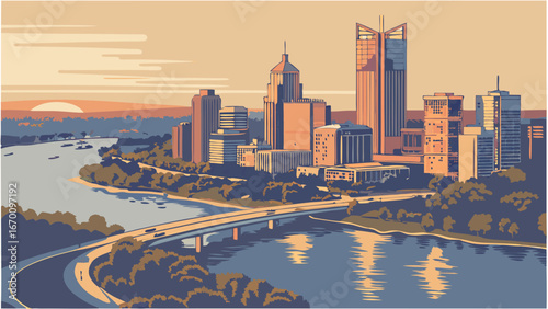 Sunset Cityscape over River with Bridge and Skyline Illustration.