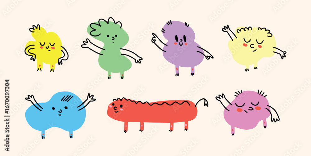 Fototapeta premium Funny cartoon characters in abstract animal and creature shapes. Bright colorful figures with different poses and emotions. Vector flat isolated illustration for kids designs