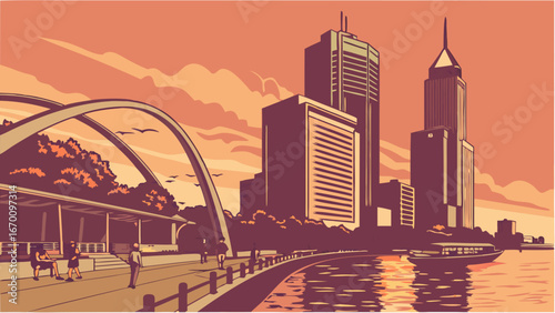 Sunset Cityscape Waterfront Promenade with Modern Architecture and People.