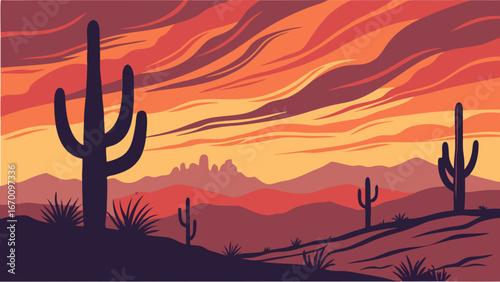 Sunset Desert Landscape with Cacti and Mountains - Vector Illustration.