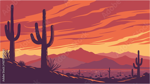 Sunset Desert Landscape with Cacti and Mountains A Vibrant Illustration.