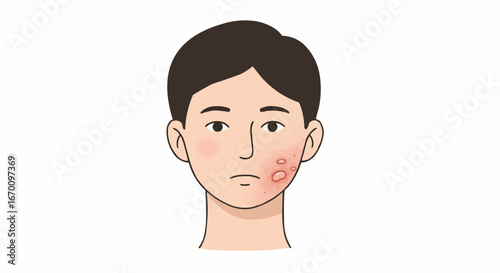 Young man with acne on face expressing concern or discomfort  