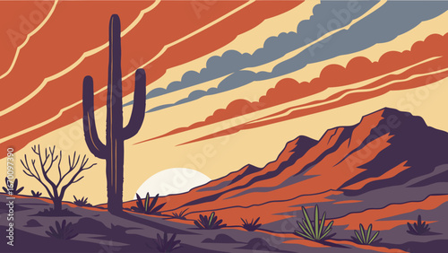 Sunset Desert Landscape with Cactus and Mountains Arid Nature Illustration.