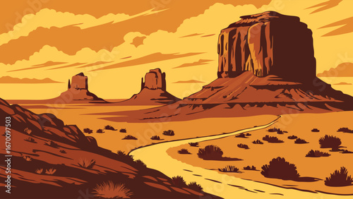 Sunset Desert Landscape with Winding Road and Monumental Rock Formations.