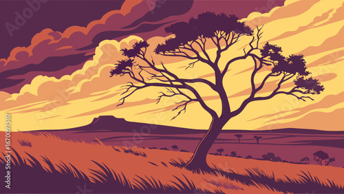 Sunset Landscape with Lone Tree and Grassy Plains.