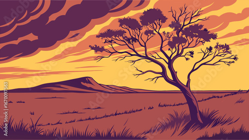 Sunset Landscape with Single Tree and Grassy Plains Vector Illustration Nature Scene Warm Colors Artistic Design.