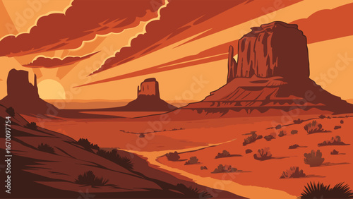 Sunset over Desert Landscape with Rock Formations Dramatic Sky and Canyon.