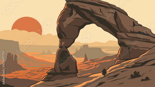 Sunset over desert landscape with natural rock arch formation.