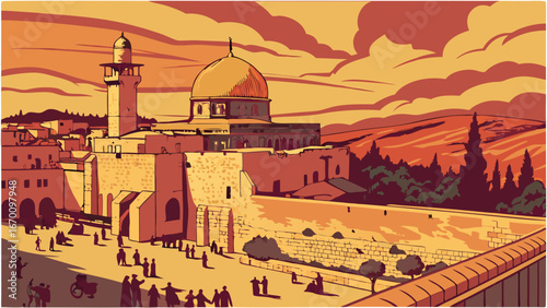 Sunset view of ancient architecture people gathered around religious site golden dome stone walls historical landmark travel destination illustration.