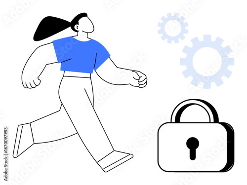 Confident woman walking beside a padlock and gears conveying security, progress, and system efficiency. Ideal for safety, privacy, workflow, technology, optimization innovation teamwork. Clean