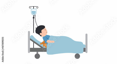 Sick boy lying in hospital bed with IV and stuffed animal  