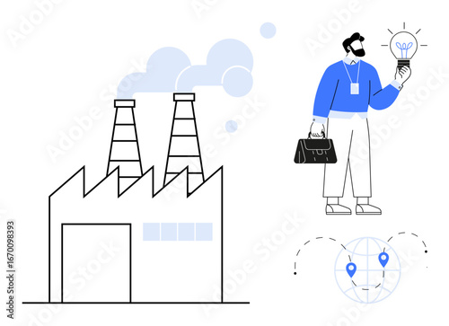 Factory with smokestacks, businessman with lightbulb showcasing idea, and globe with location markers. Ideal for innovation, manufacturing, sustainability, logistics, global connection, business