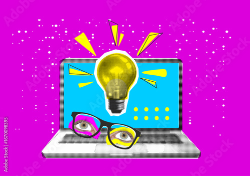 Collage with halftone hand, laptop and light bulb. Creative idea generation or brainstorm concept vector pop art retro style illustration. design element for infographic, poster, website
