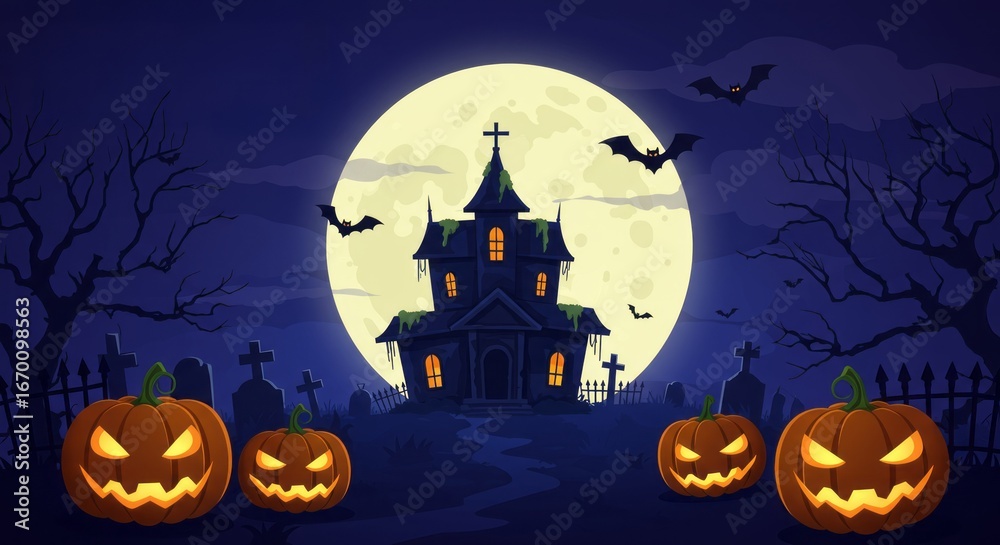 Fototapeta premium Spooky Halloween Night with Haunted House and Pumpkins