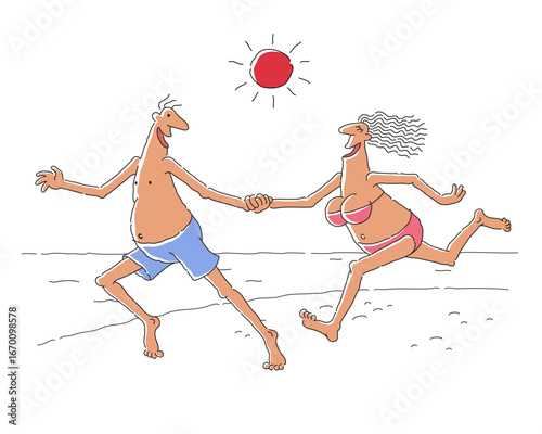 Cartoon vector minimalistic illustration of happy middle aged couple running along the beach. Sea, ocean, sun, sunset, happiness, love.
