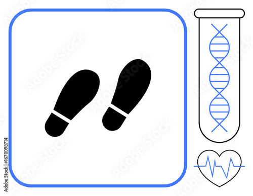 Black footprints, DNA helix in test tube, and heartbeat line. Ideal for wellness, genetics, health tracking, lifestyle, fitness healthcare and medical advancement. Simple flat metaphor