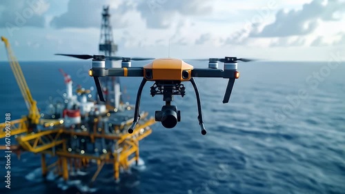 Yellow And Black Drone Flying Over Oil Rig Platform In Blue Sea During Daytime