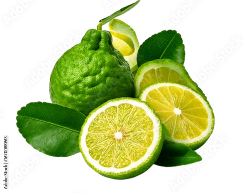 Organic Bergamot Fruit with Half Slice and Leaves PNG