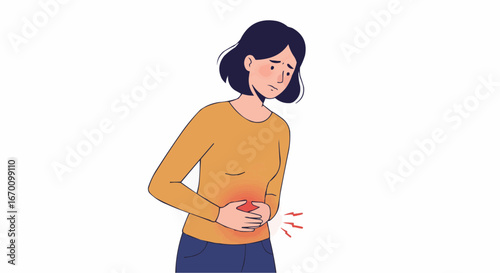 Woman experiencing stomach pain and showing discomfort in illustration  