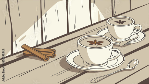 Two Cups of Aromatic Coffee or Tea with Cinnamon on Wooden Table Illustration.