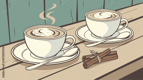 Two Cups of Coffee with Cinnamon Sticks on Wooden Table Warm Drink Illustration.