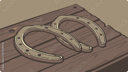 Two Horseshoes on Wooden Surface Rustic Design Good Luck Charm Illustration.