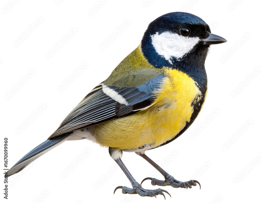 Obraz premium Great Tit Bird in Alert Pose with Spread Tail Feathers, Isolated PNG