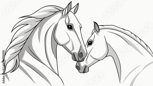 Two white horses heads together equine portrait animal illustration black and white drawing.