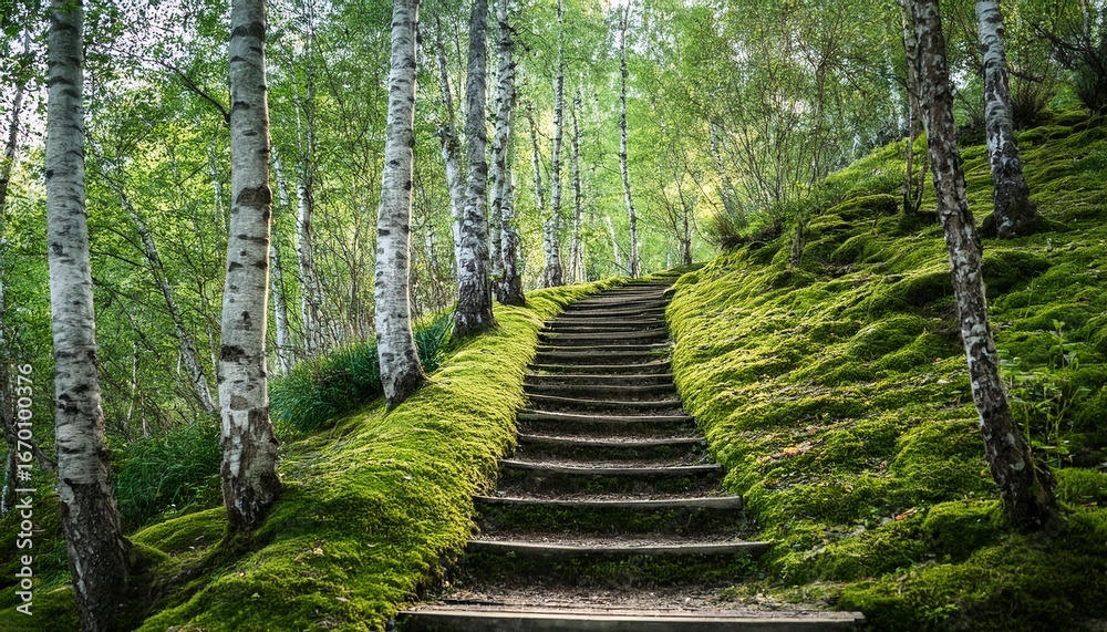 Obraz premium serene steps ascend a mossy hillside surrounded by birch trees