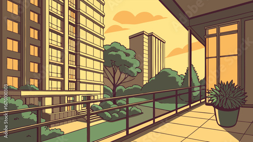 Urban Balcony View at Sunset Apartment Building Cityscape Evening Modern Architecture Plant Pot Green Plants Window View.