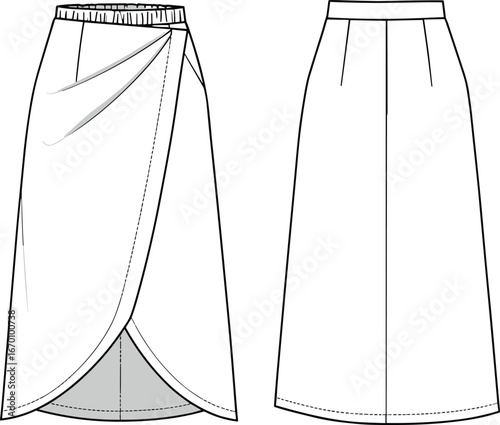 A-line wrap skirt with elastic waistband and pleats technical fashion drawing flat sketch vector illustration for Adobe Stock