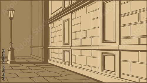 Vintage Alleyway at Night Streetlamp Brick Wall Urban Background Sepia Tone Illustration.