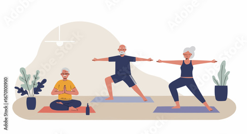 Elderly people practicing yoga together in a bright indoor space  