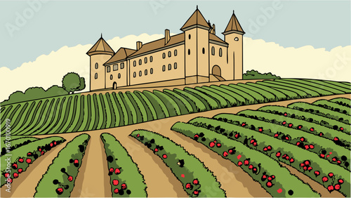 Vintage Castle on a Hilltop with Vineyard and Farmland Illustration.