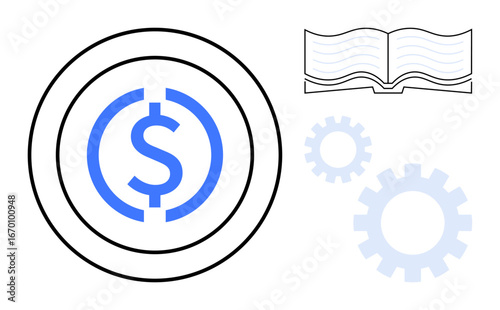 Dollar sign encircled, open book, and gear icons representing finance, education, operation, and goal setting. Ideal for business, economy, learning strategy technology planning simple flat