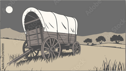 Vintage Covered Wagon at Night Western Landscape Illustration.