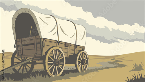 Vintage covered wagon in a prairie landscape historical illustration western theme old transport travel journey expedition adventure pioneer settler history wild west frontier graphic design element.