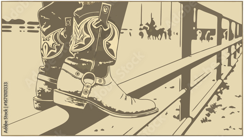 Vintage Cowboy Boots at a Ranch Fence Western Illustration Rodeo Equestrian Wild West Graphics.