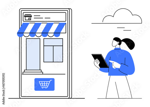 Digital storefront with awning and shopping cart button beside woman using tablet. Ideal for ecommerce, mobile shopping, online business, customer engagement, retail, small business, simple landing