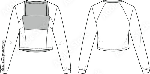 Long-sleeve cropped top with square neckline and raglan sleeves fashion technical drawing flat sketch vector illustration for Adobe Stock
