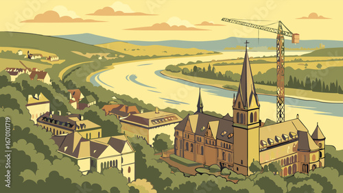 Vintage illustration of a riverside town with a church and construction crane.