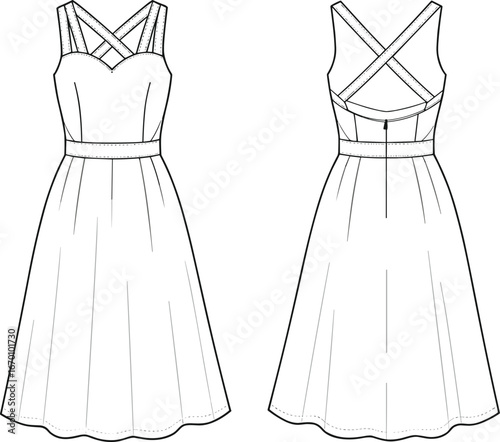 Midi dress with crisscross straps and sweetheart neckline fashion technical drawing flat sketch vector illustration for Adobe Stock