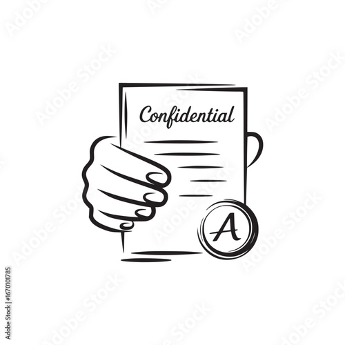 A hand holding a confidential document with an a grade in a black and white illustration style