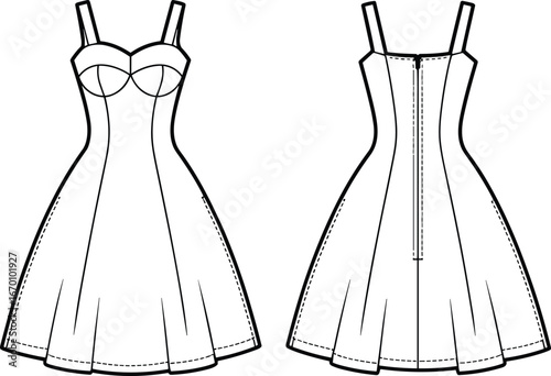 Sleeveless A-line midi dress with sweetheart neckline and fitted bodice fashion technical drawing flat sketch vector illustration for Adobe Stock